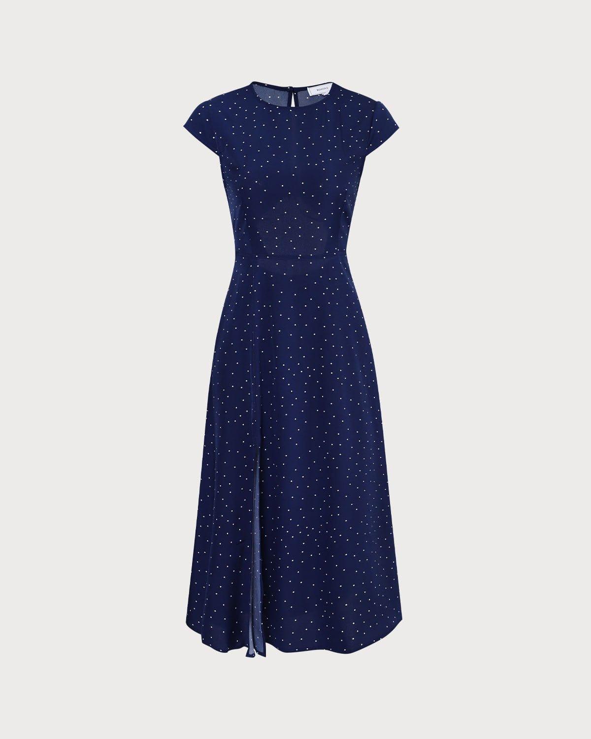 The Navy Round Neck Polka Dot Cutout Midi Dress Product Image