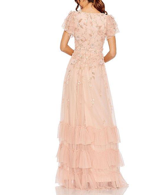 Mac Duggal V-Neck Flutter Sleeve Ruffle Tiered Embellished Gown Product Image