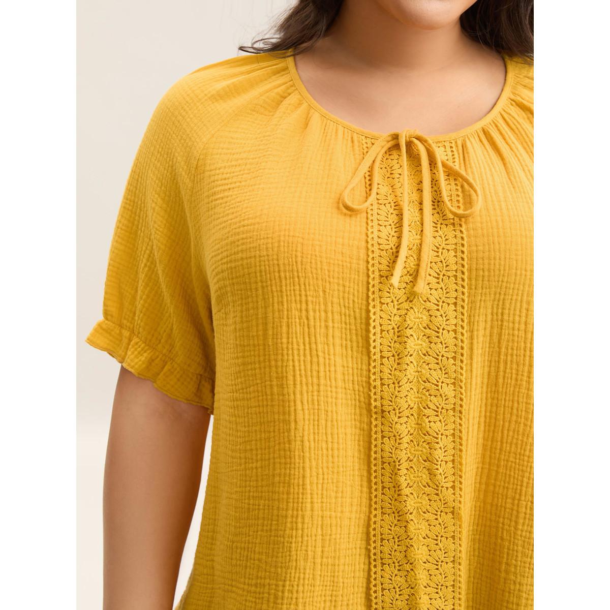 Plus Size Turmeric Pure Cotton Lace Placket Tied Blouse Women Short sleeve Round Neck Casual Blouses BloomChic 28/5X Product Image