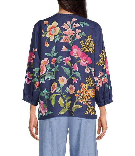JOHNNY WAS Linen Floral Embroidered Split V-Neck 3/4 Sleeve Blouse Product Image