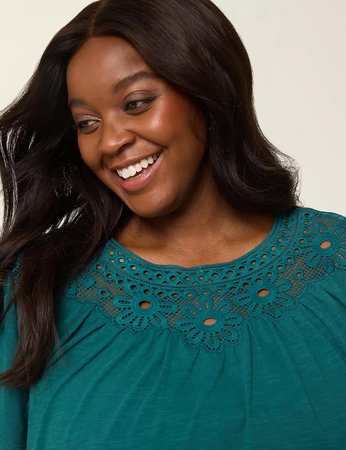 Short-Sleeve Crochet-Yoke Top Product Image