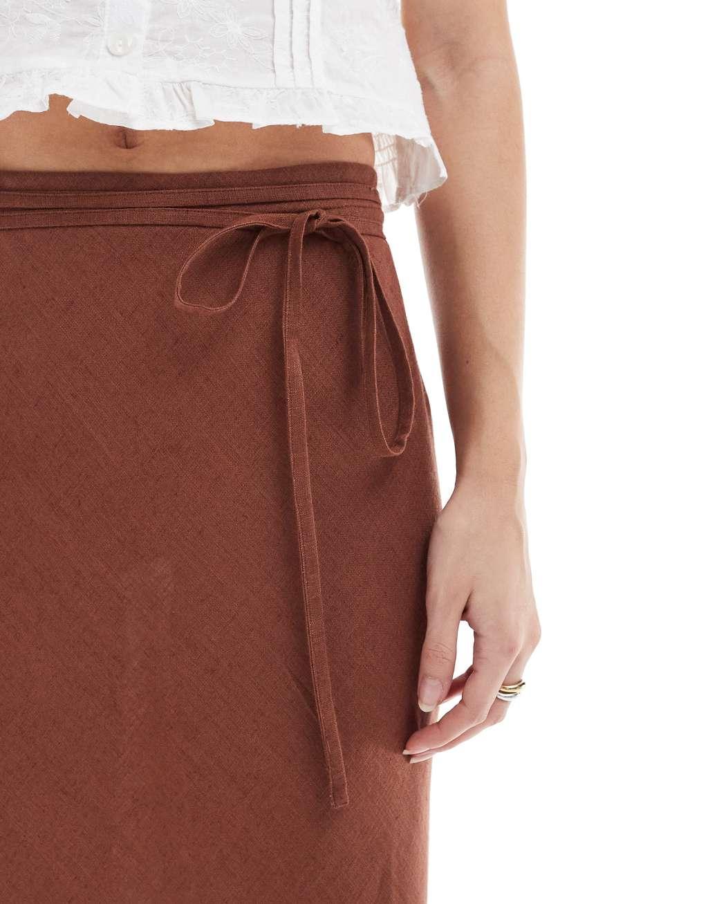 ASOS DESIGN linen blend bias midi skirt in brown Product Image