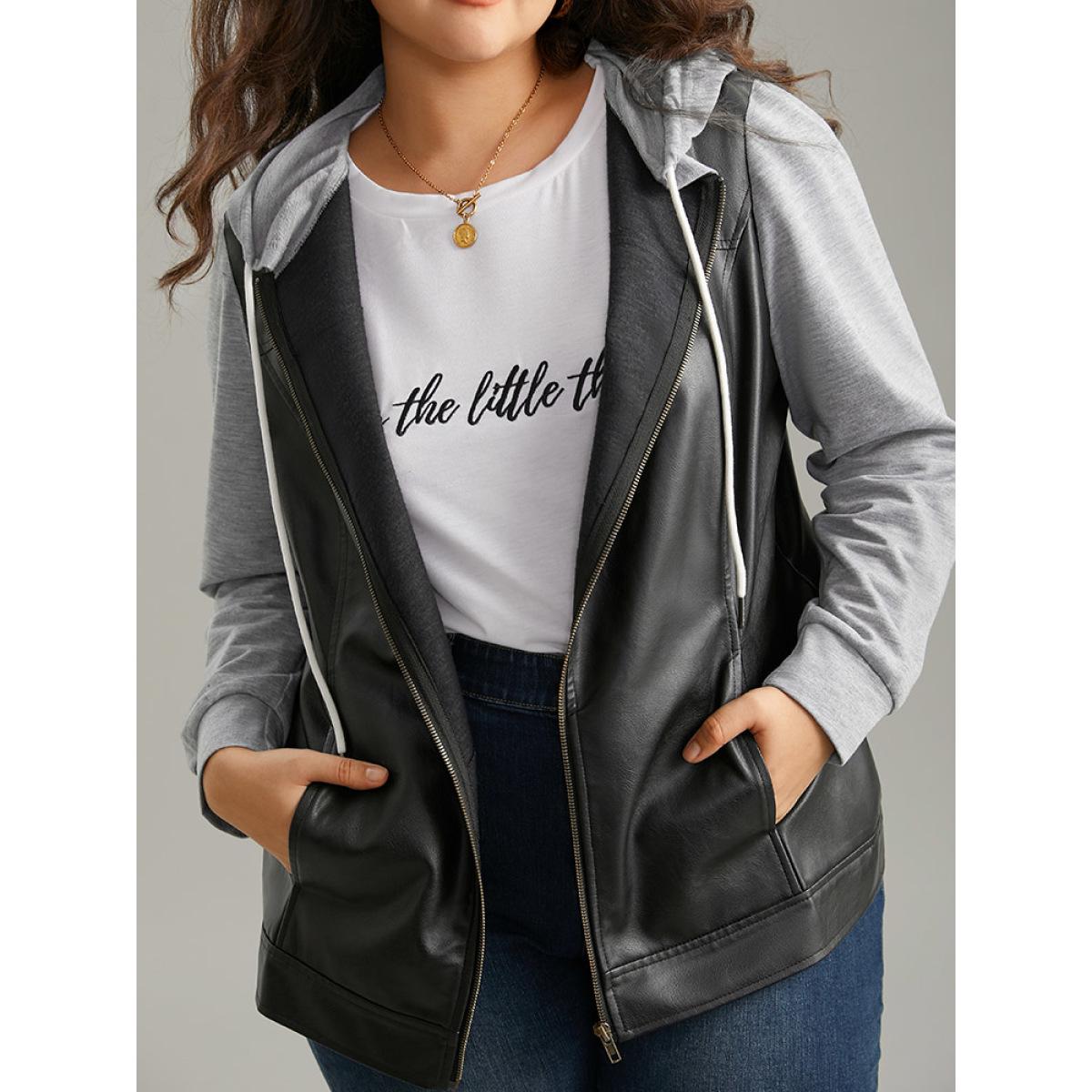 Plus Size PU Leather Zipper Hooded Drawstring Jacket Women Black Contrast Pocket Everyday Jackets BloomChic 22-24/3X Product Image