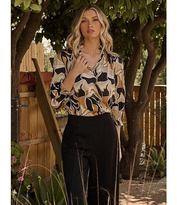 Sugarlips Matte Satin Abstract Print Split V-Neck 3/4 Sleeve Top Product Image