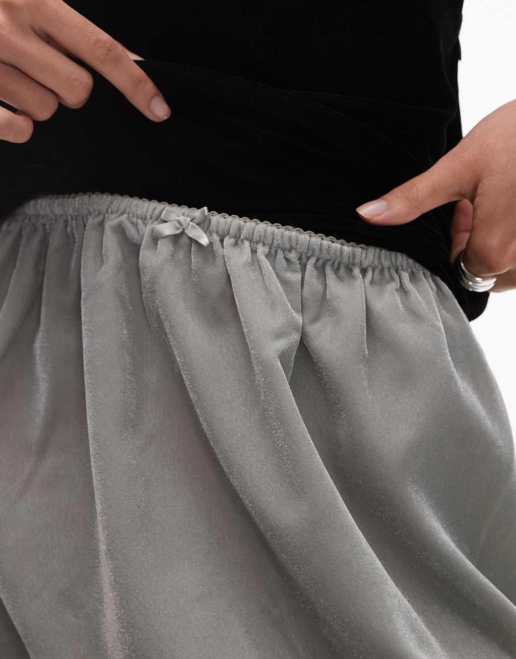 Topshop velvet mini skirt in silver sage with black lace trim Product Image