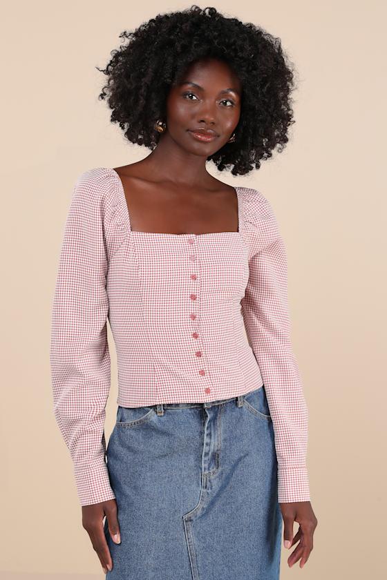 Demure and Sweet Terracotta Gingham Button-Front Long Sleeve Top Product Image