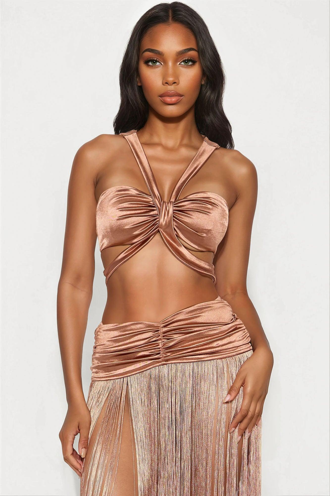 Forbidden Fringe Satin Maxi Skirt Set - Bronze Female Product Image