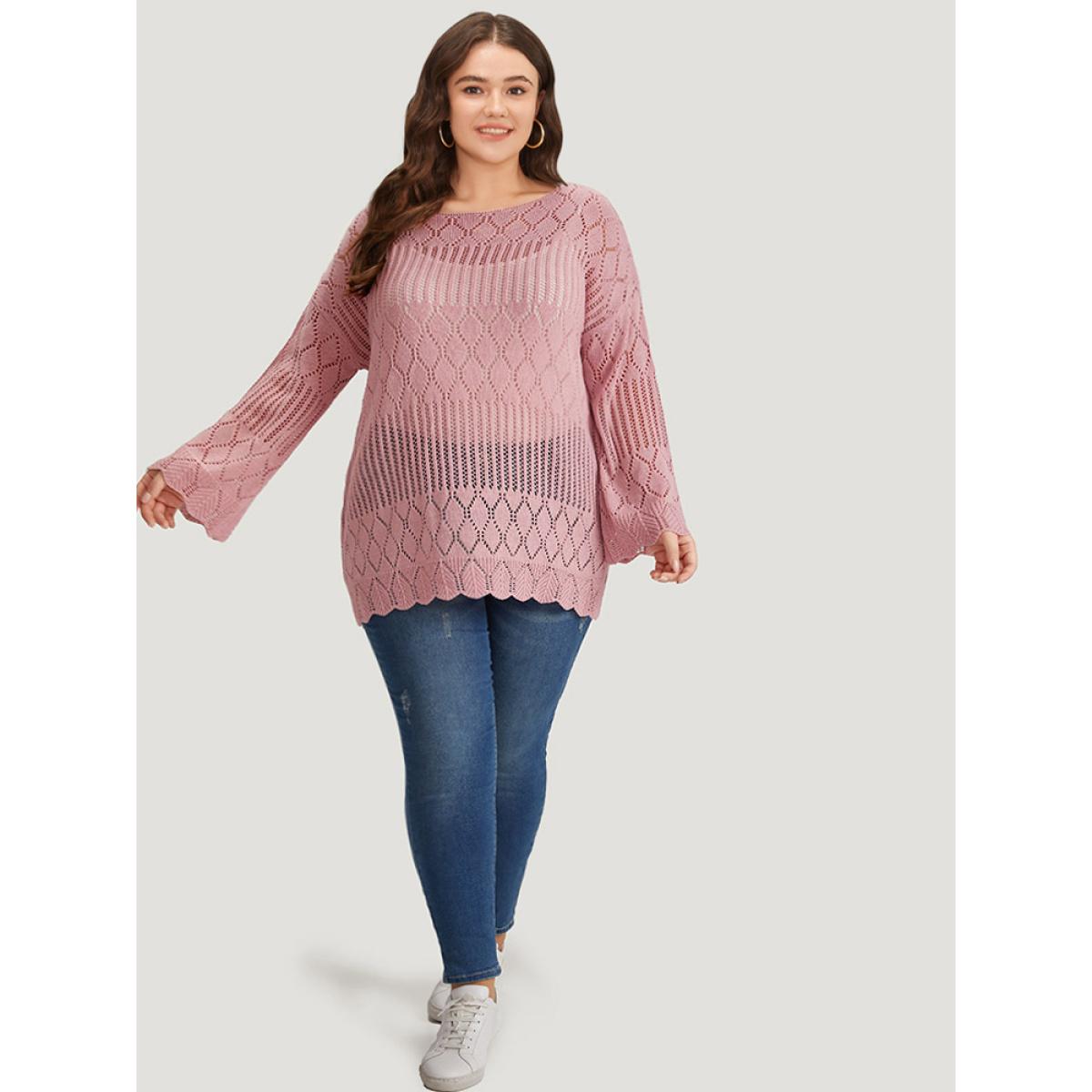 Plus Size Supersoft Essentials Hollow Out Split Side Bell Sleeve Pullover Watermelon Women Casual Loose Long Sleeve Round Neck Everyday Pullovers BloomChic 26/4X Product Image