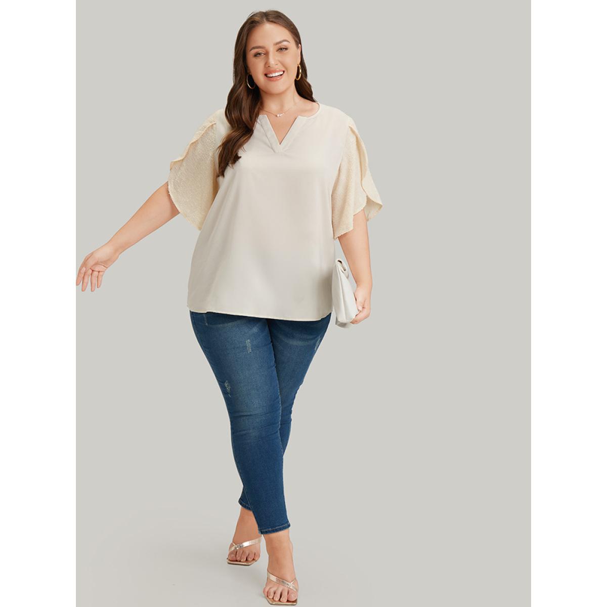 Plus Size Ivory Anti-Wrinkle Solid Patchwork Petal Sleeve Notched Blouse Women Office Half Sleeve Notched collar Work Blouses BloomChic 18-20/2X Product Image