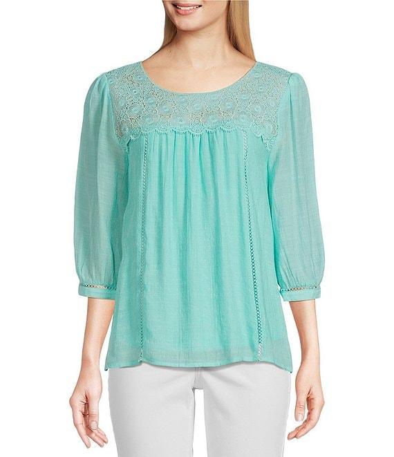 Figueroa & Flower Scoop Neck 3/4 Sleeve Lace Yoke Blouse Product Image
