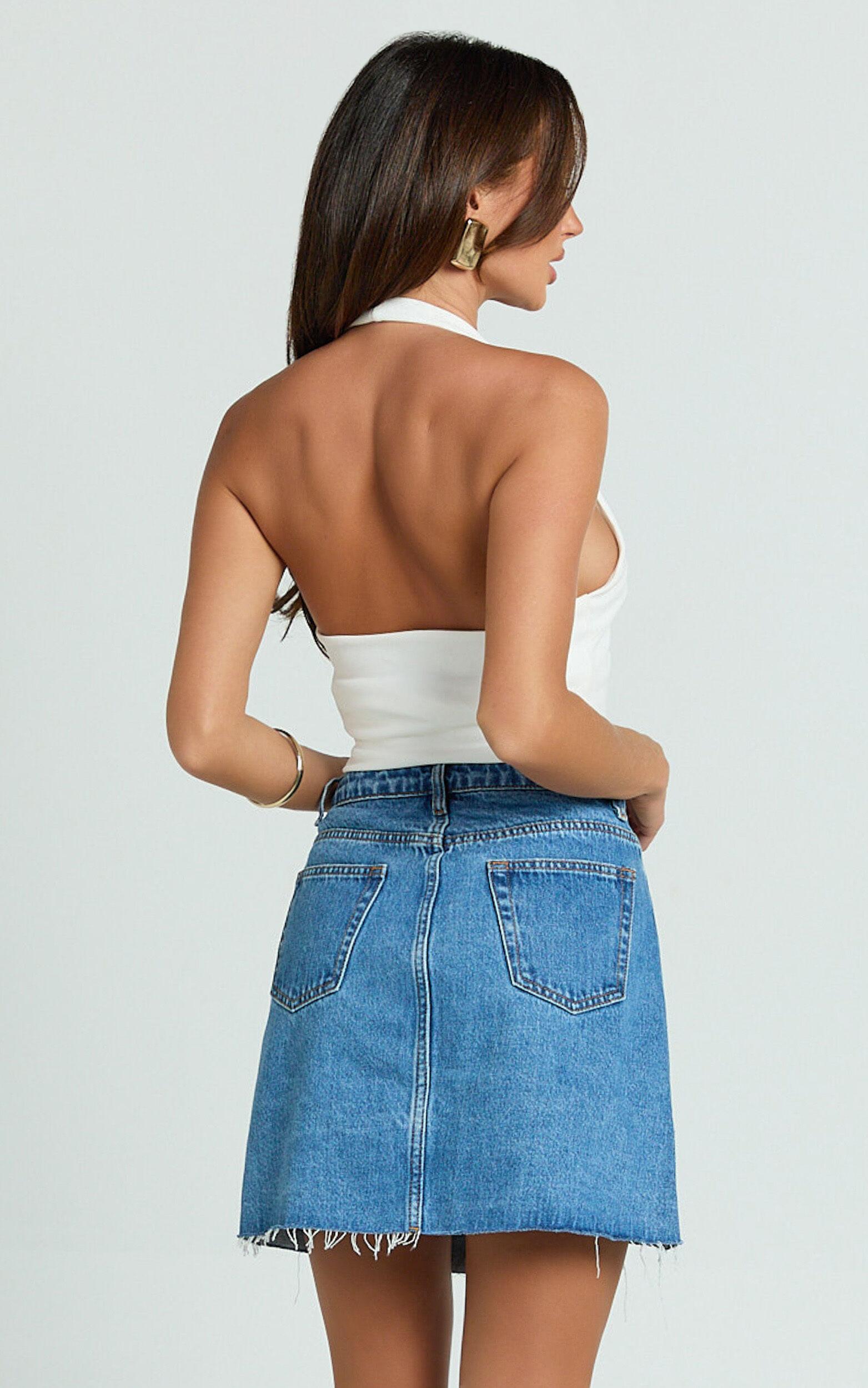 Rihanna Skirt - High Waisted Asymmetrical Denim Skirt in Mid Blue Wash Product Image