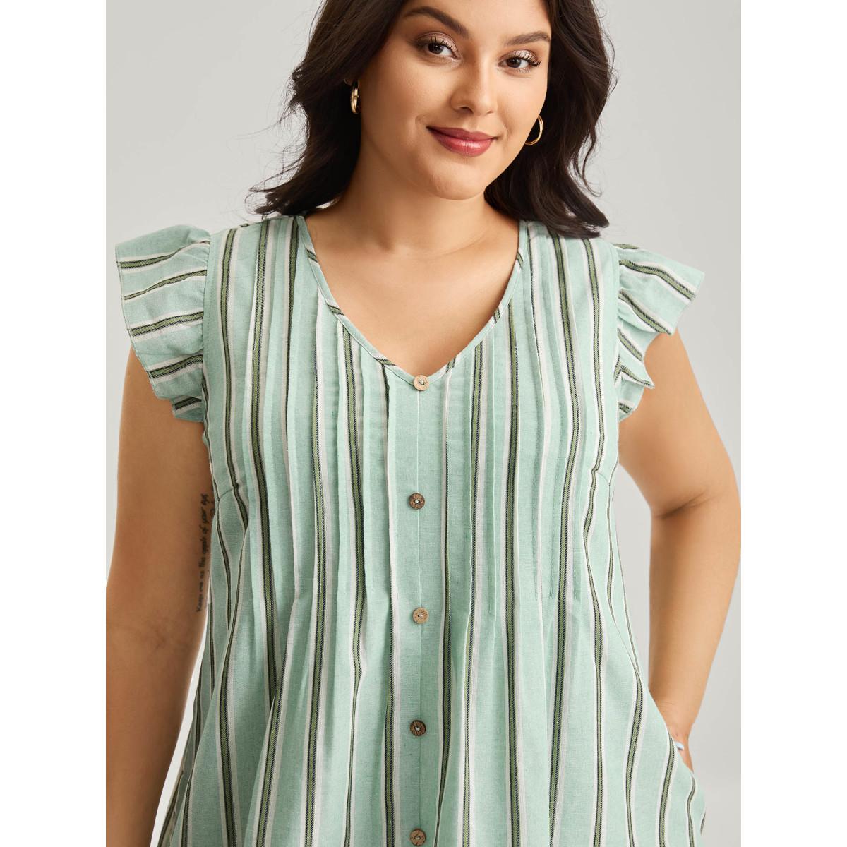 Plus Size Pleated Front Stripes Pockets Midi Dress Greenbean Women V-neck Cap Sleeve Curvy BloomChic 26/4X Product Image