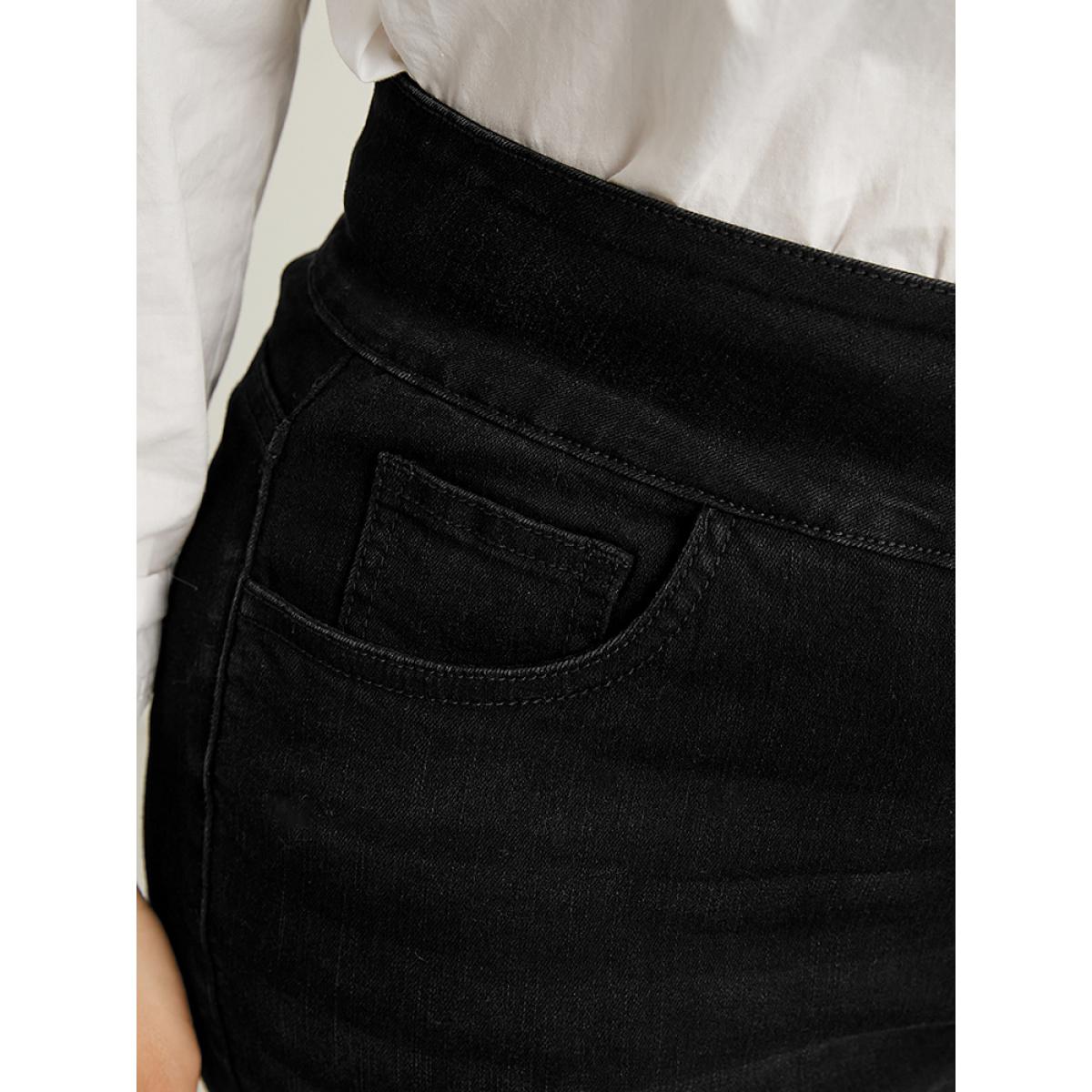 Plus Size Skinny Slightly Stretchy High Rise Black Wash Double Button Jeans Women Black Casual Plain Plain Low stretch Pocket Jeans BloomChic 14/1X Product Image