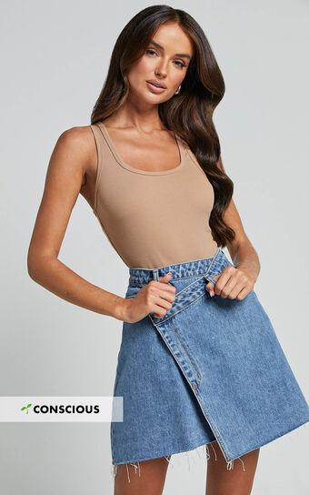 Rihanna Skirt - High Waisted Asymmetrical Denim Skirt in Mid Blue Wash Product Image