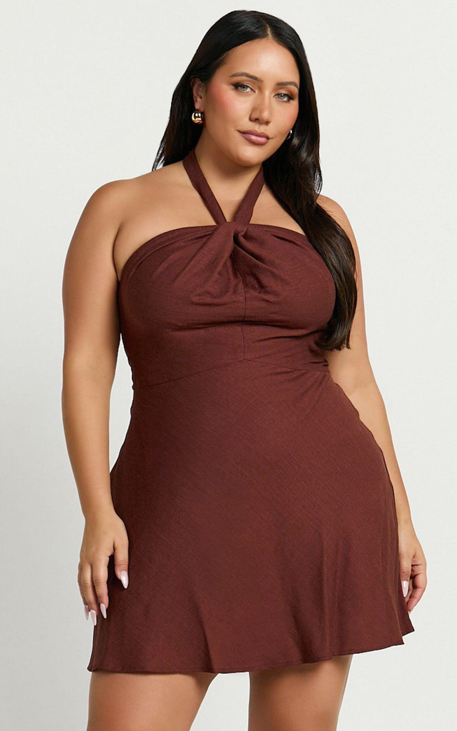 Louie Mini Dress - Linen Halter Neck Dress in Chocolate Product Image