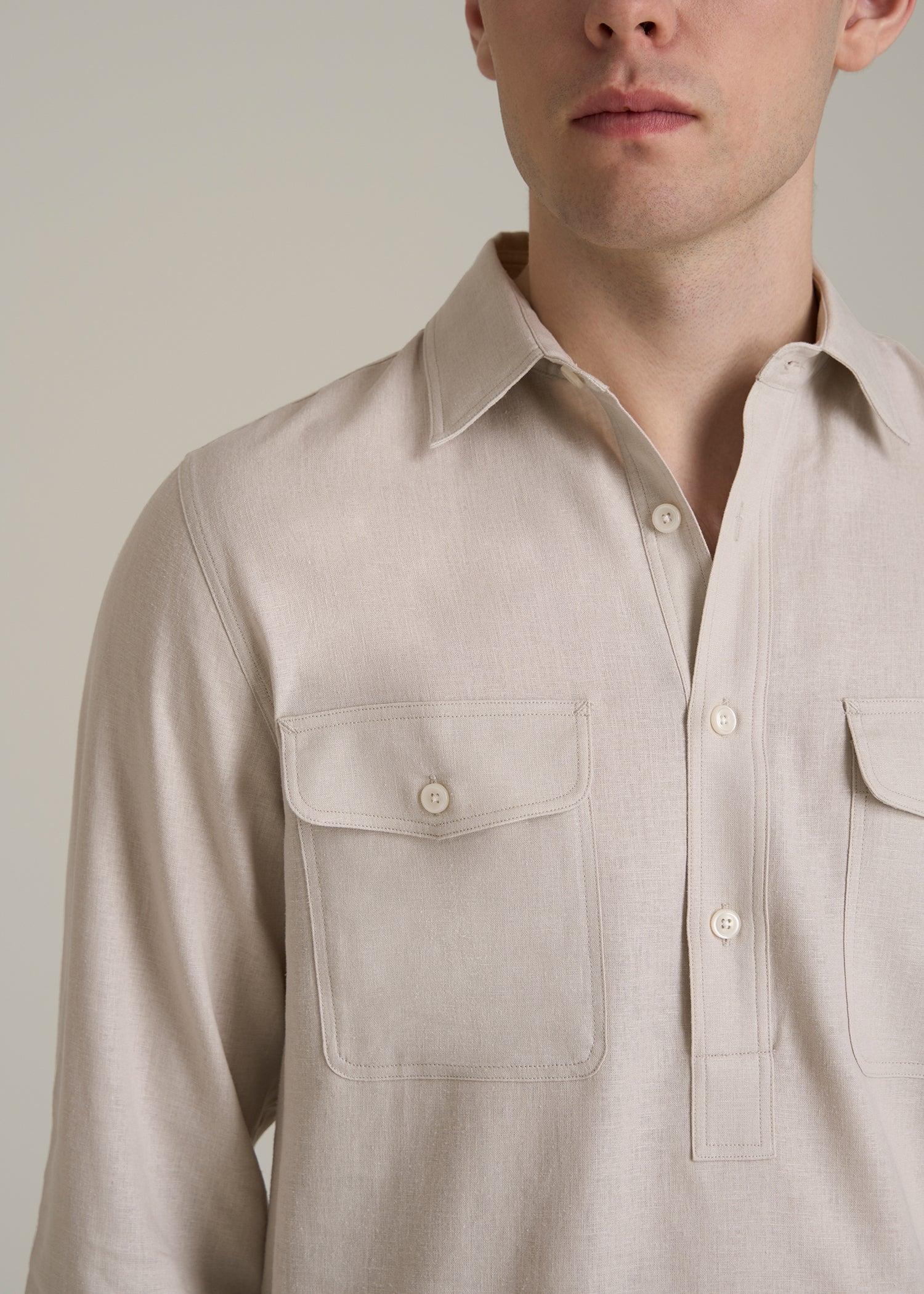Linen Popover Shirt for Tall Men in Light Taupe Male Product Image
