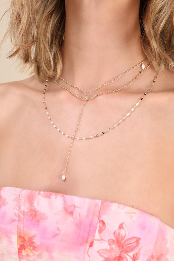 Ferona Gold Pearl Layered Lariat Necklace Product Image