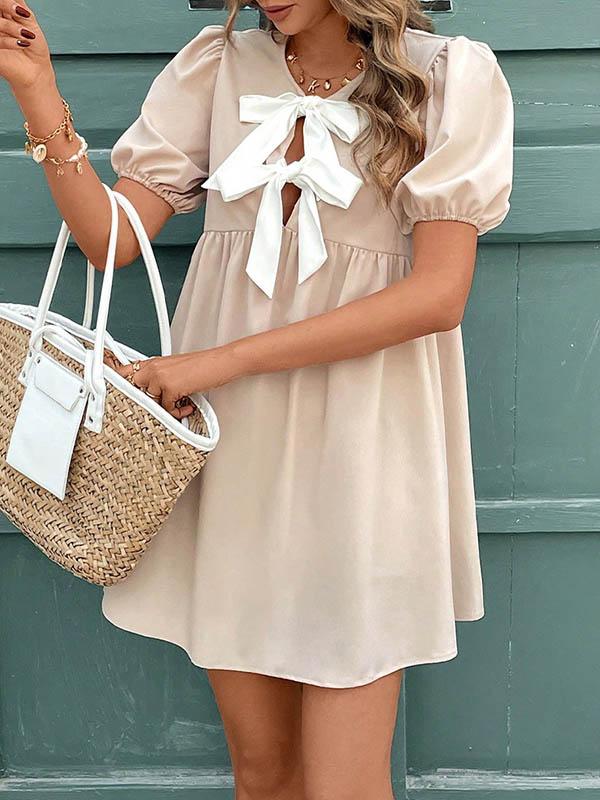 A-Line Loose Bowknot Elasticity Pleated Round-Neck Mini Dresses Product Image