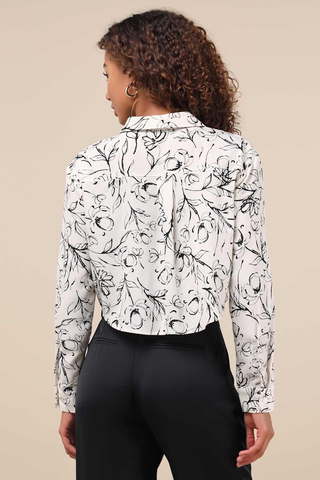 Artsy Attitude White Floral Collared Twist Hem Button-Up Top Product Image
