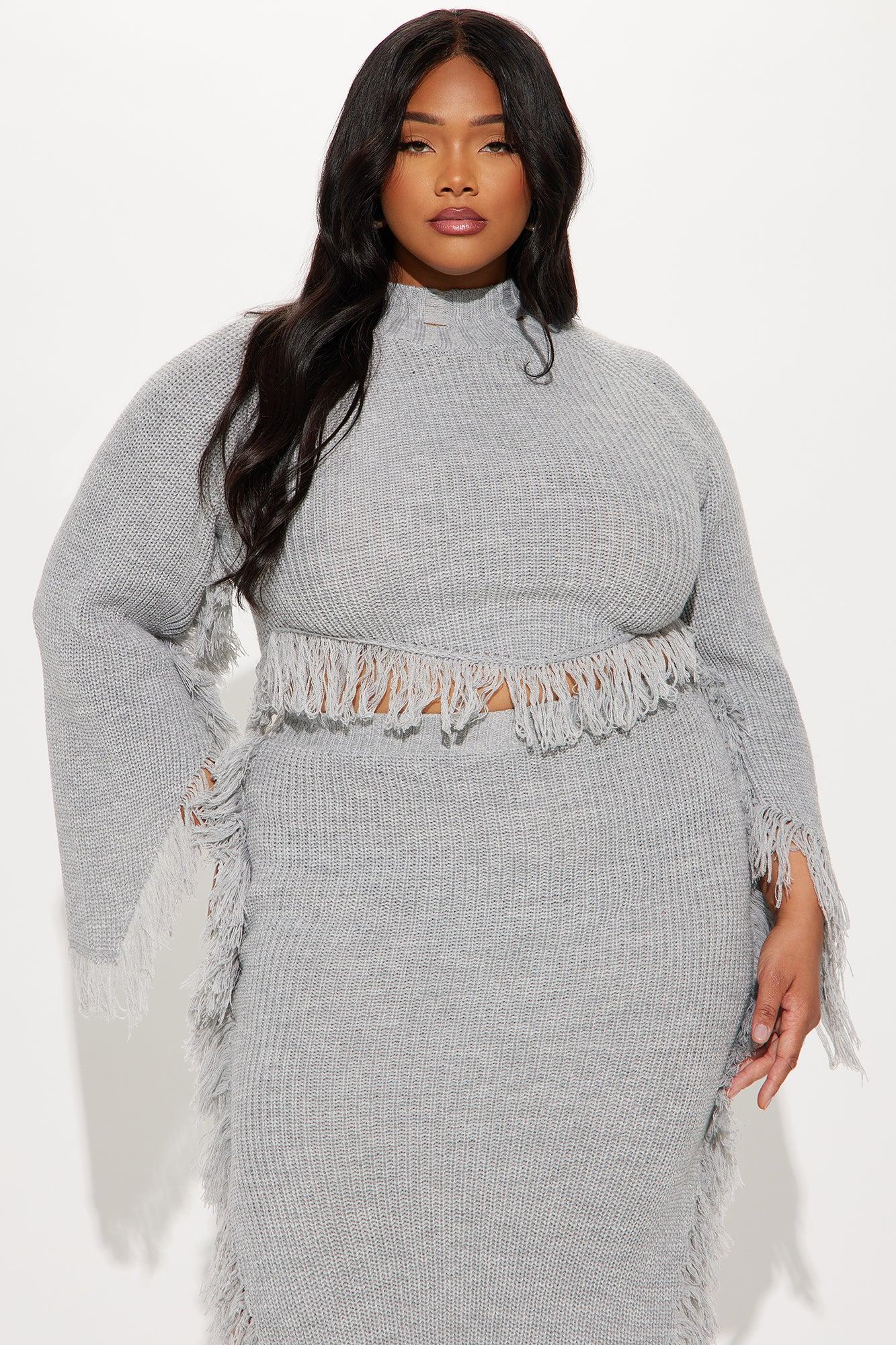 Sienna Fringe Trim Sweater Skirt Set - Grey Product Image