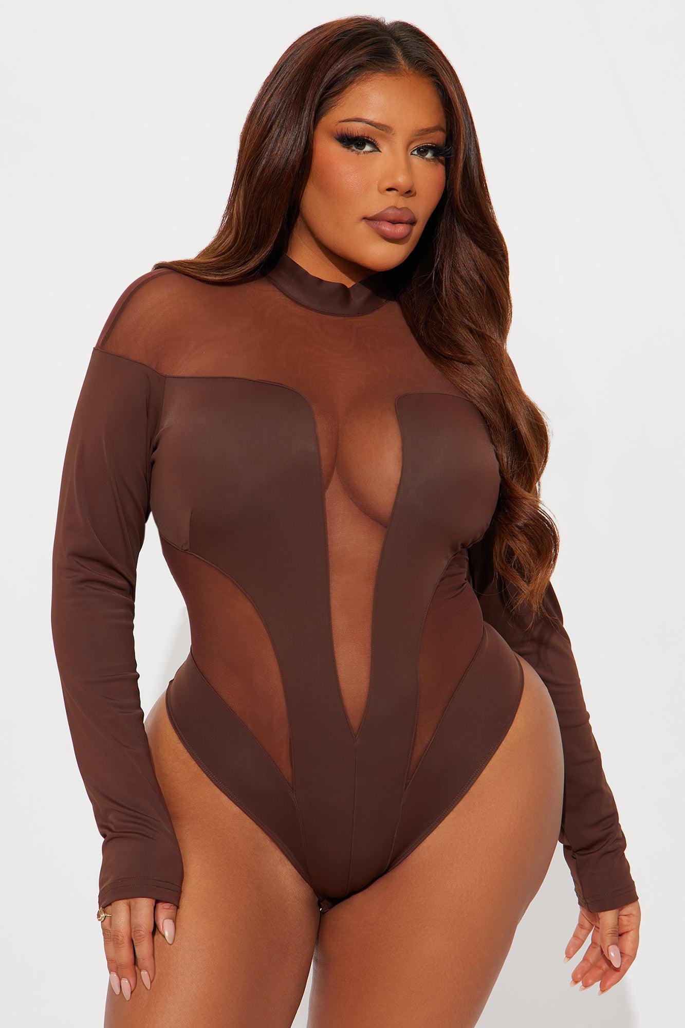 Zuri Mesh Cut Out Long Sleeve Bodysuit - Chocolate Female Product Image