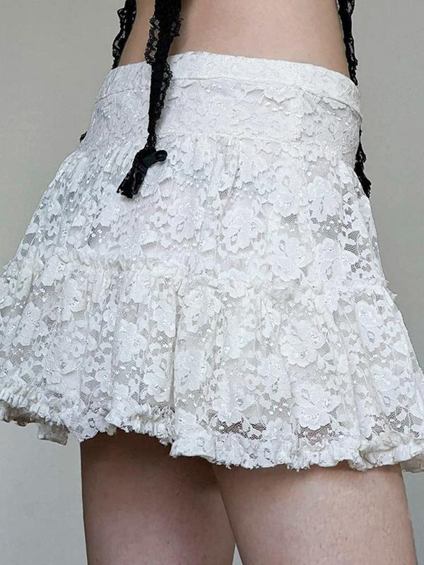 Hook Lace Patchwork Pleated Mini Skirts Product Image