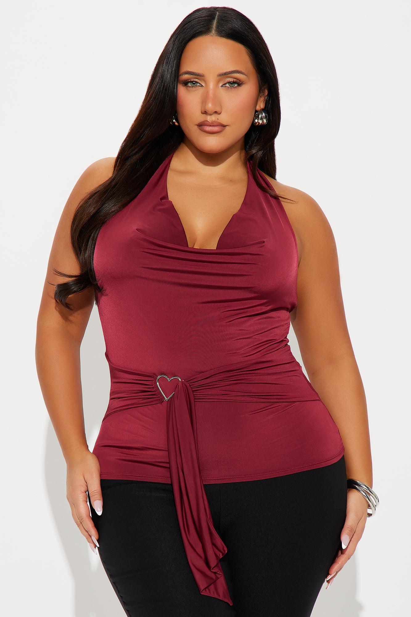 Kenna Ruched Cowl Neck Halter Top - Burgundy Product Image
