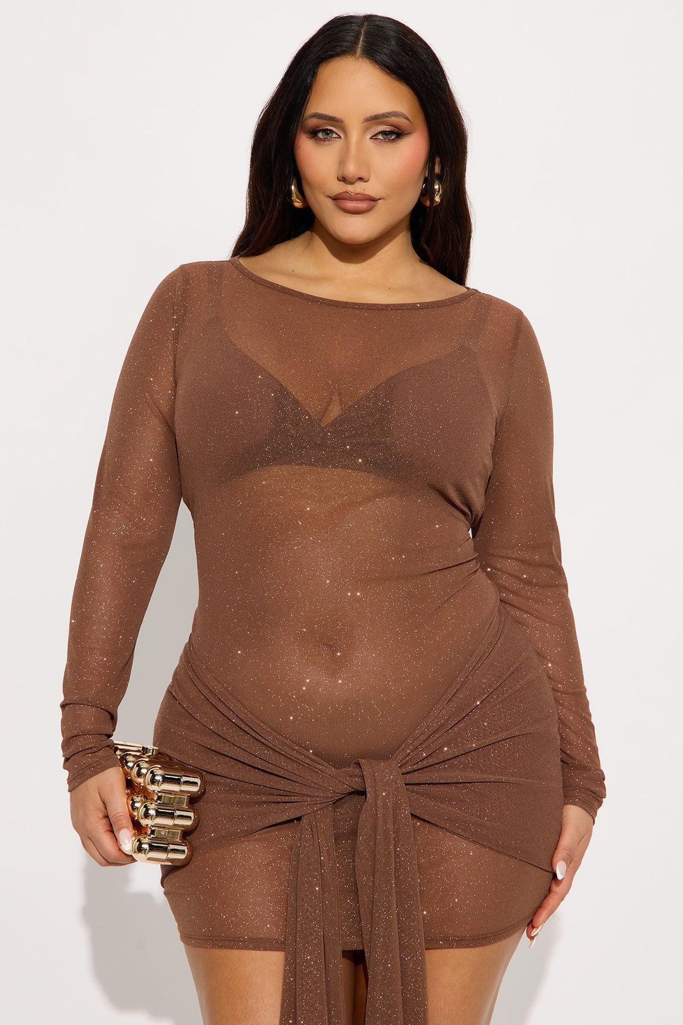 Yasmeen Sheer Glitter Mesh Mini Dress - Chocolate Female Product Image