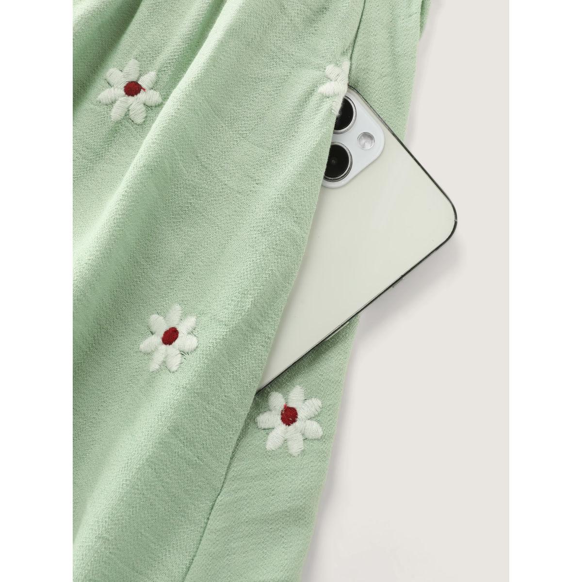 Plus Size Shirred Embroidered Square Neckline Tiered Midi Dress Greenbean Women Romantic Texture Square Neck Half Sleeve Curvy BloomChic 10/M Product Image