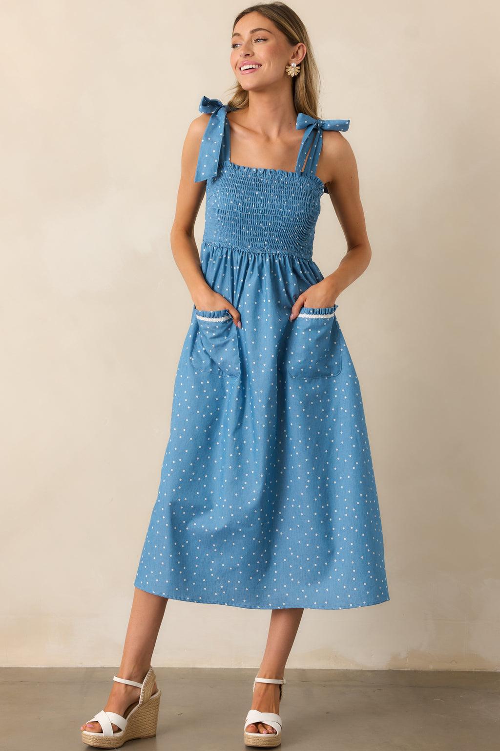 Picnic in The Park Blue Polka Dot Midi Dress Product Image