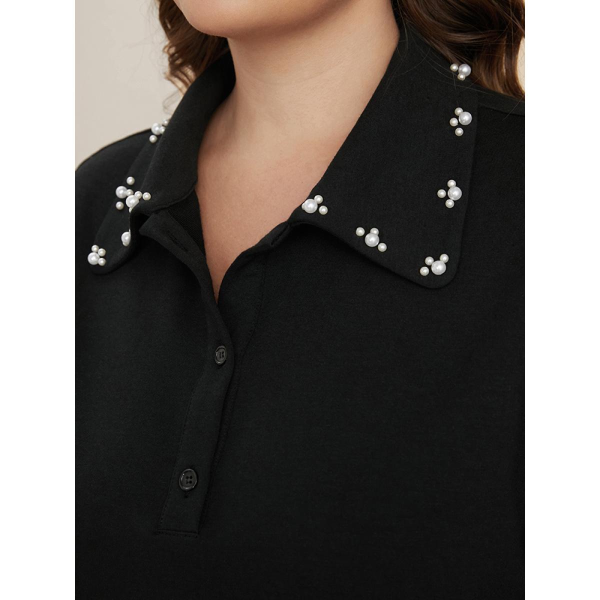 Plus Size Solid Button Up Pearl Beaded Polo Neck Sweatshirt Women Black Elegant Beaded Polo Dailywear Sweatshirts BloomChic 10/M Product Image