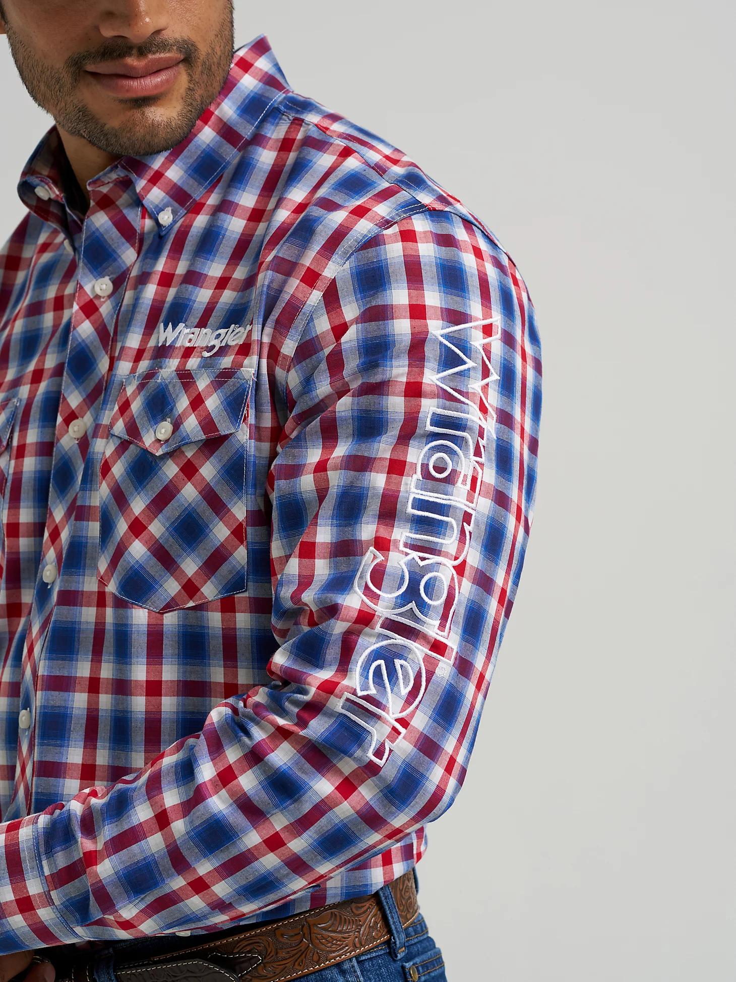 Men's Wrangler® Logo Long Sleeve Button-Down Plaid Shirt in Americana Product Image