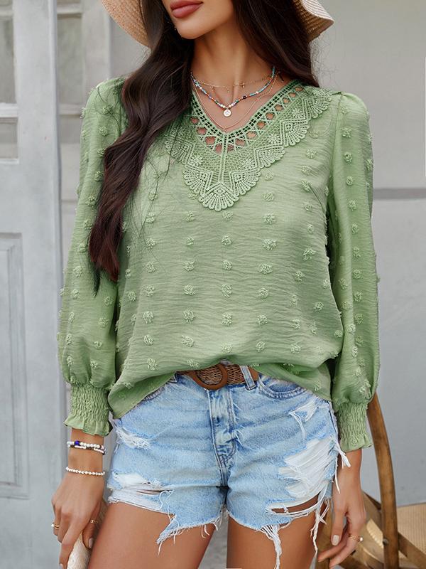 Long Sleeves Loose Elasticity Hollow Jacquard Solid Color V-Neck Blouses&Shirts Tops Product Image