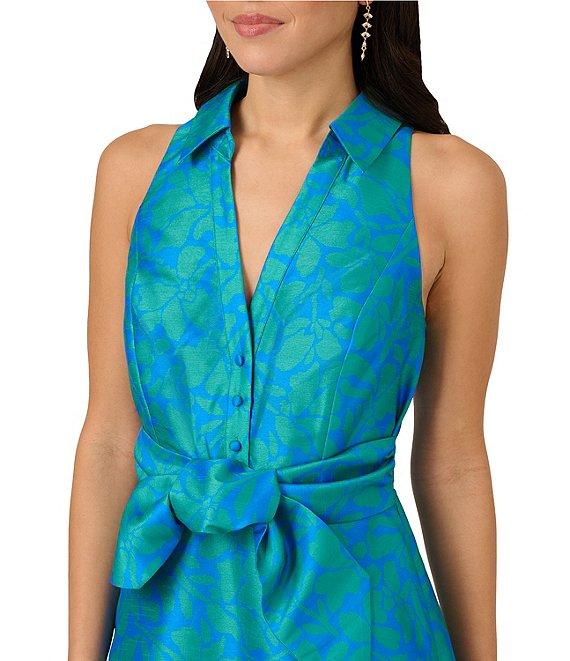 Adrianna Papell V-Neck Collared Sleeveless Tie Front Printed A-Line Dress Product Image