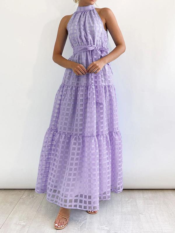 Loose Sleeveless Plaid Ribbed Stand Collar Maxi Dresses Product Image