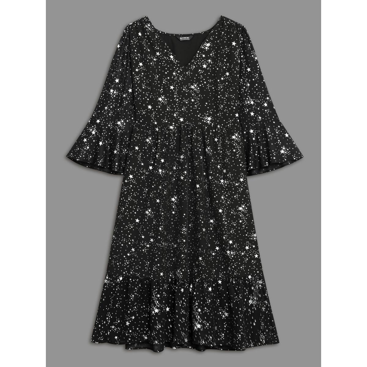 Plus Size Glitter Star Flutter Sleeve Chiffon Dress Black Women Cocktail Gathered Knit Dresses Bloomchic 28/5X Product Image