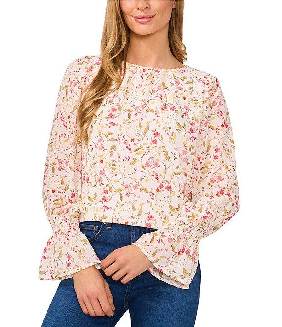 CeCe Textured Georgette Floral Round Neck Long Sleeve Smocked Cuff Blouse Product Image