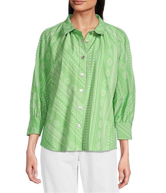 Tru Luxe Jeans Jacquard Tonal Floral Striped Point Collar 3/4 Puff Sleeve Button Front Shirt Product Image