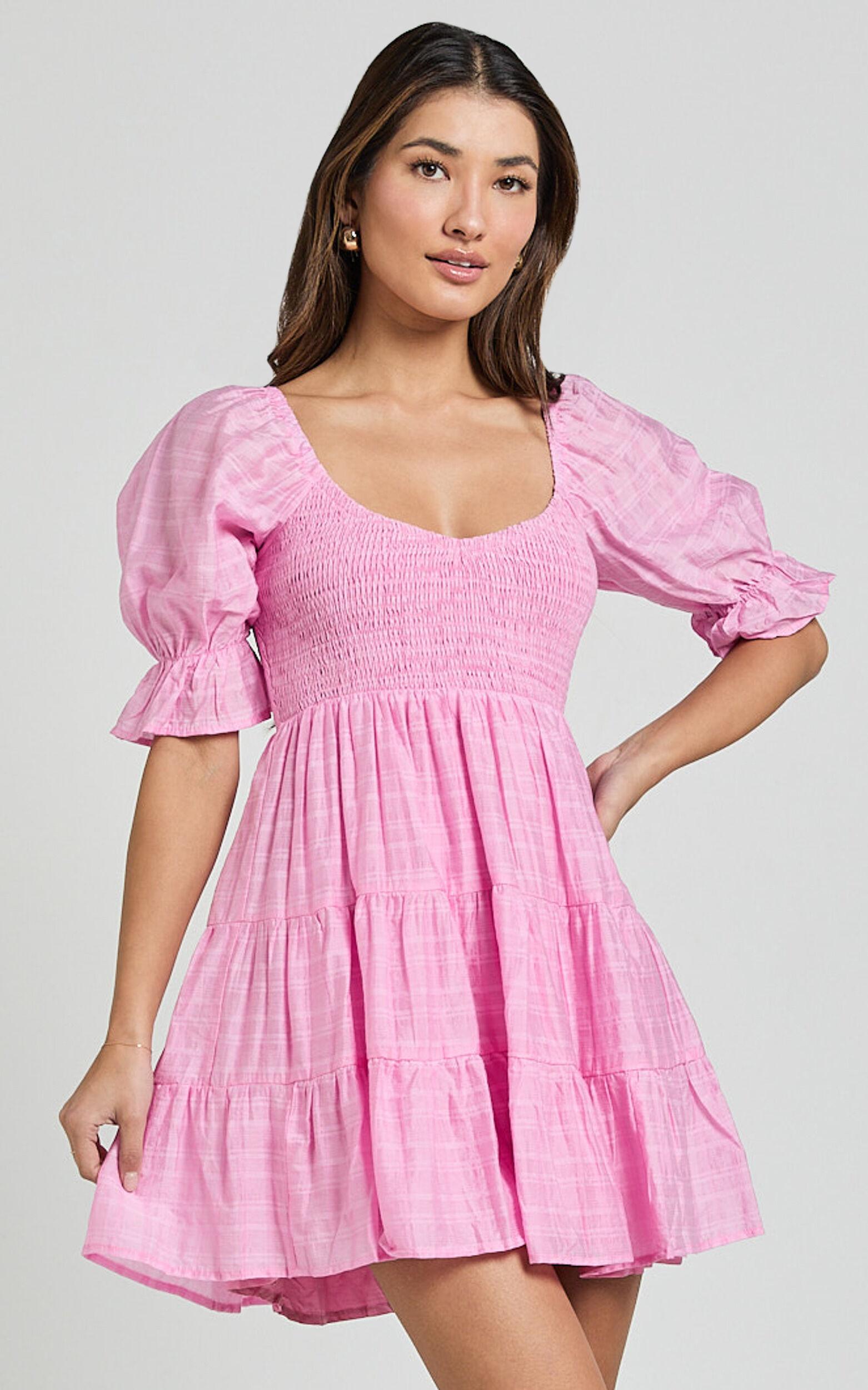 Britany Mini Dress - Shirred Puff Sleeve Tiered Dress in Pink Product Image