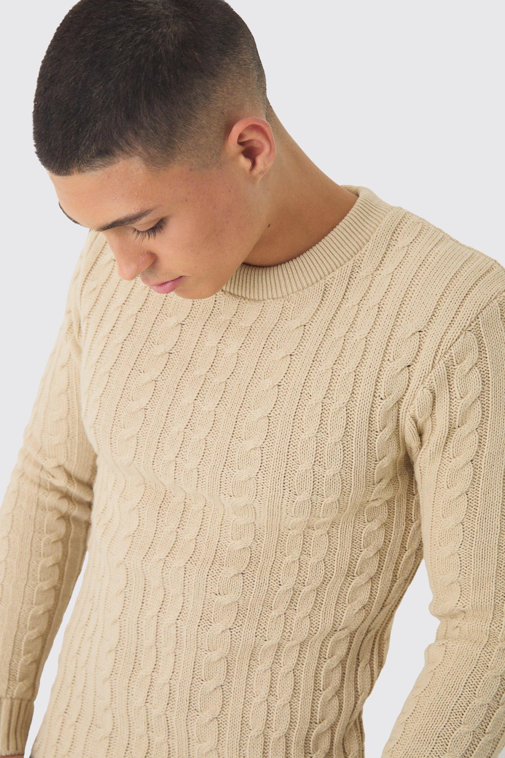 Muscle Fit Cable Knit Sweater | boohooMAN USA Product Image