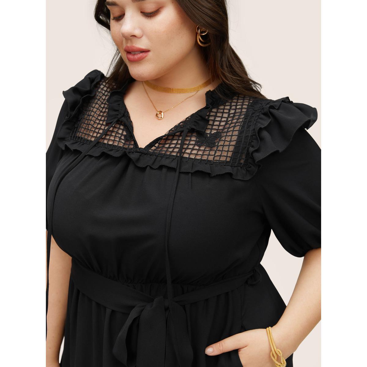 Plus Size Butterfly Patchwork Tie Neck Ruffles Belted Dress Black Women At the Office Non V-neck Short sleeve Curvy Midi Dress BloomChic 14-16/1X Product Image