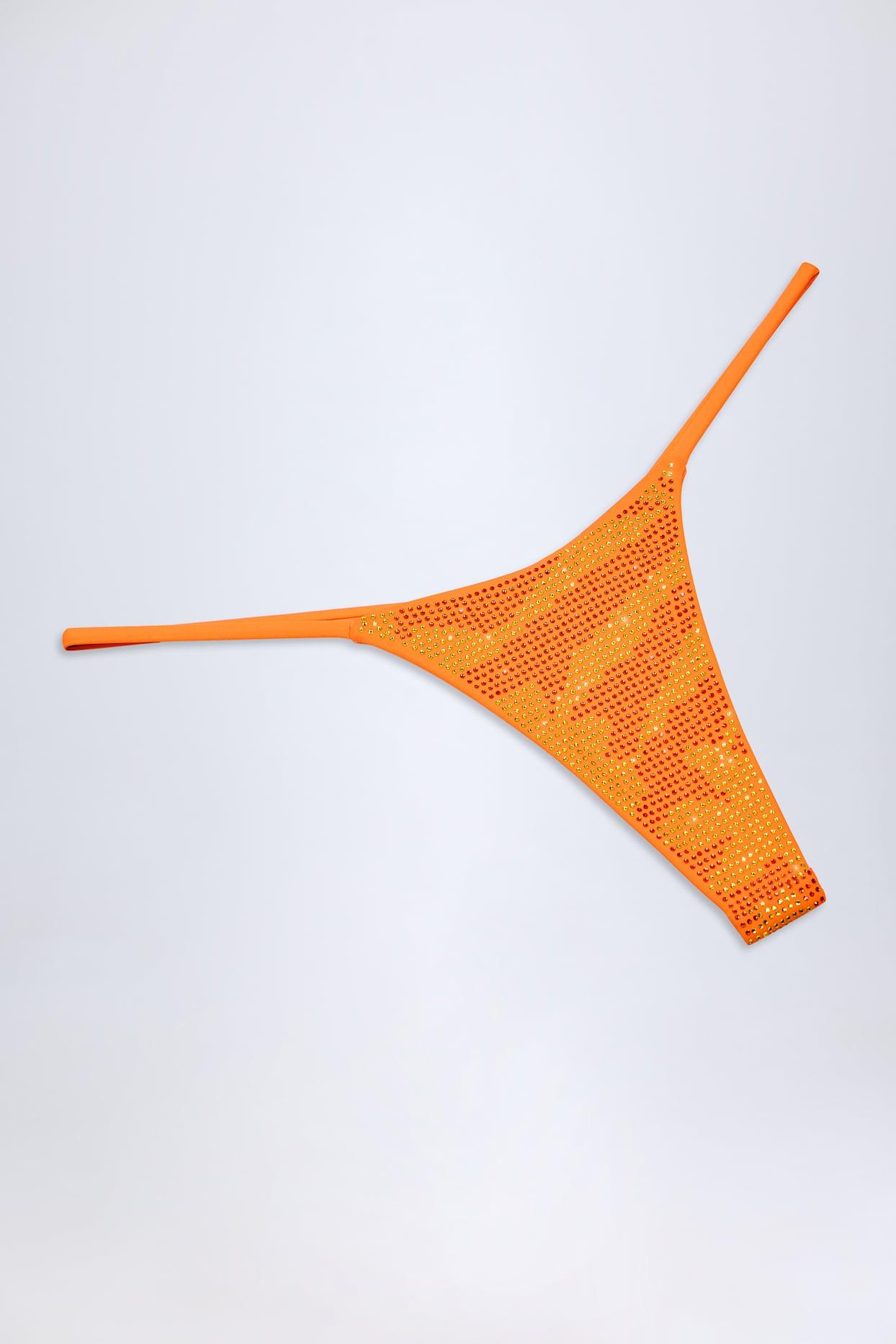 Embellished Thong Bikini Bottoms in Orange Tropical Print Product Image