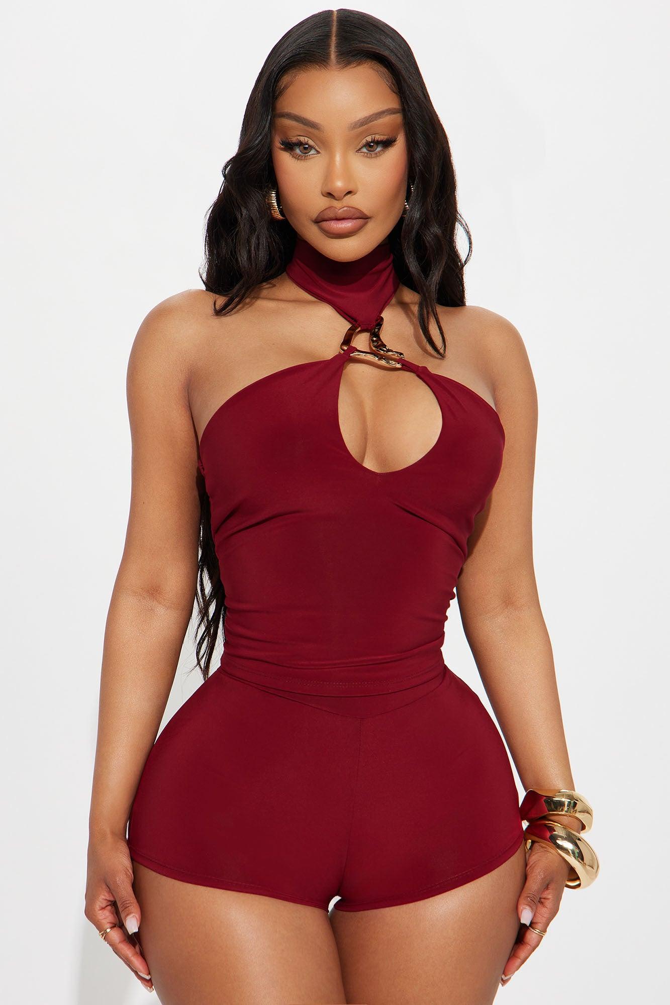 Blow Your Mind Venezia Halter Short Set - Burgundy Product Image