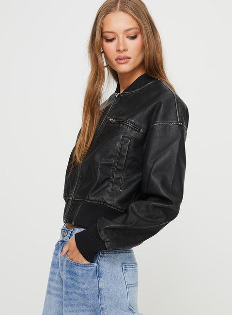 Sweet Disaster Faux Leather Cropped Bomber Jacket Black Product Image