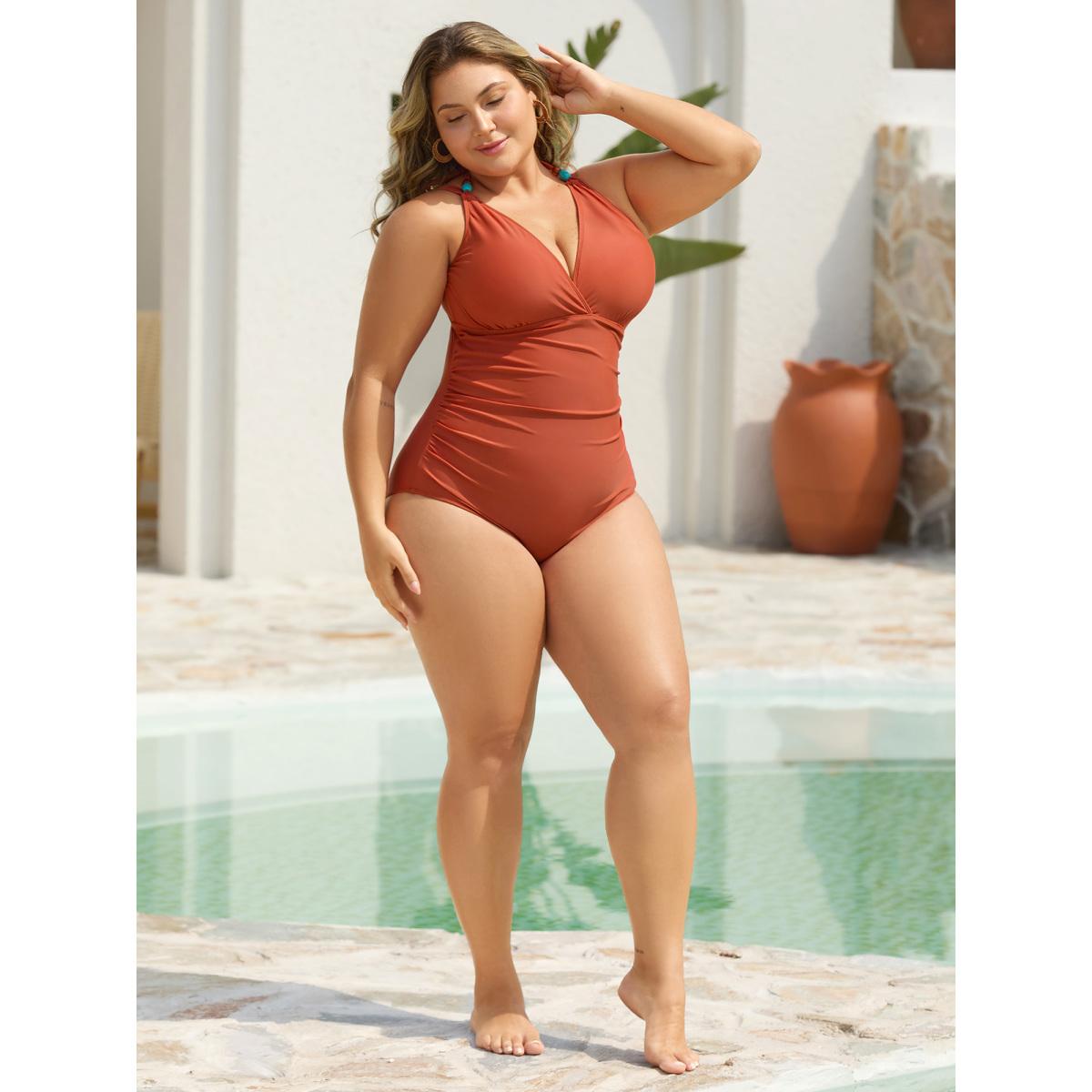 Plus Size Ruched Plunging Neck One-Piece Swimsuit Women's Swimwear Rust Beach Gathered Curve Bathing Suits High stretch One Pieces BloomChic 18-20/2X Product Image