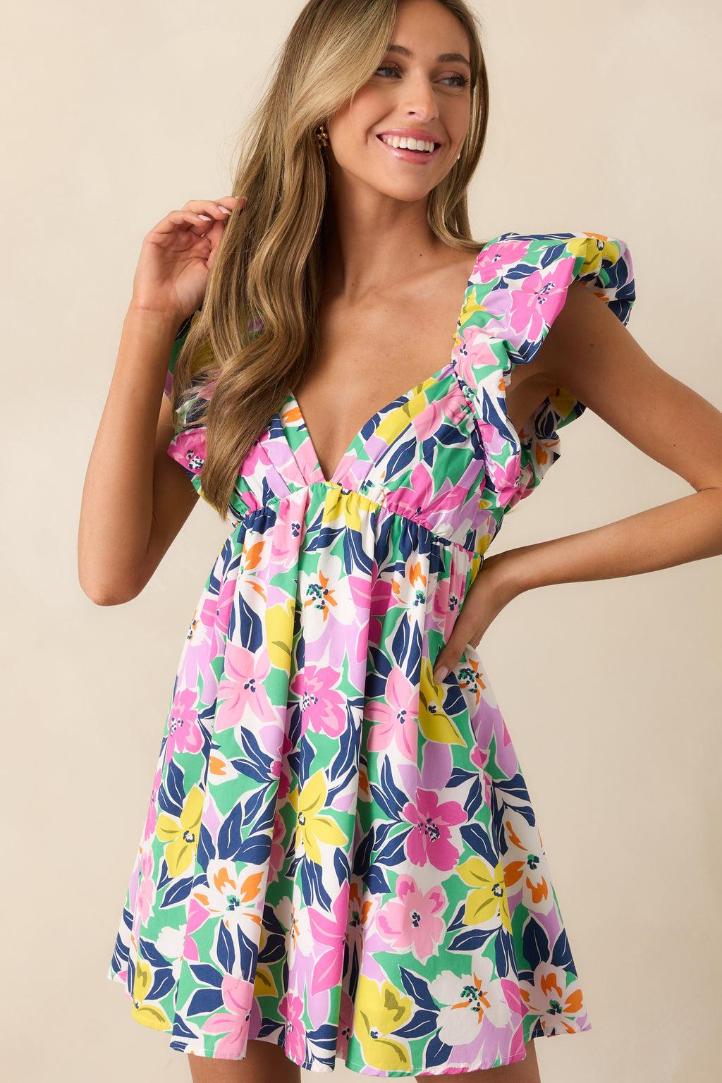 Blooming Love Pink Multi Flutter Sleeve Mini Dress Product Image