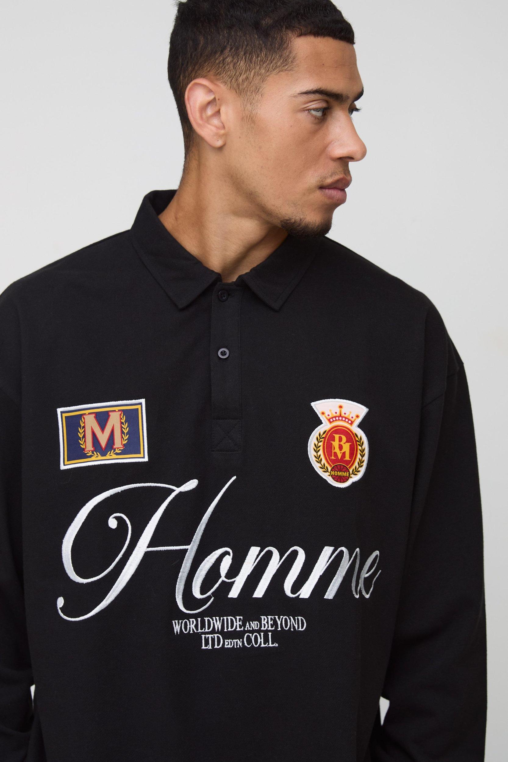 Oversized Heavyweight Pique Applique Rugby Polo | boohooMAN USA Product Image