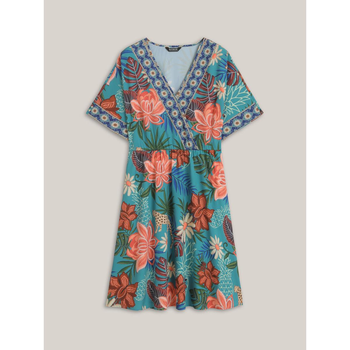 Plus Size Floral Print Surplice Neck Pockets Midi Dress Cerulean Women Resort Non Overlap Collar Short sleeve Curvy BloomChic 12/L Product Image