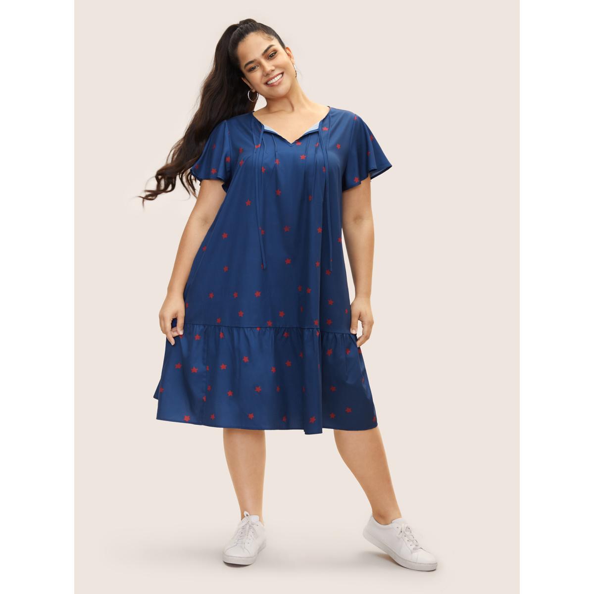 Plus Size Star Pleated Tie Knot Ruffle Sleeve Dress Mediumblue Women Casual Notched collar Short sleeve Curvy BloomChic 10/M Product Image