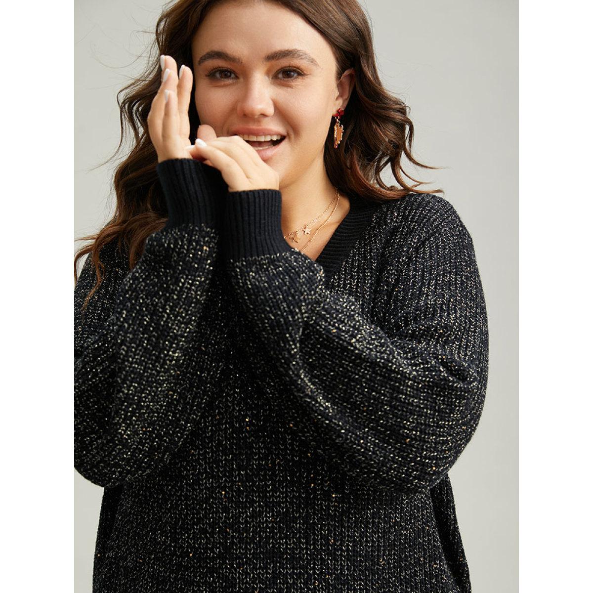 Plus Size Sparkly Elastic Cuffs Loose Pullover Black Women Casual Loose Long Sleeve V-neck Dailywear Pullovers BloomChic 10/M Product Image